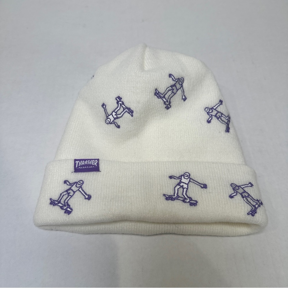 Thrasher Magazine Mark Gonzales GONZ LOGO Skateboard Beanie WHITE PURPLE